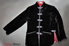 Black velvet coat with plaited buttons